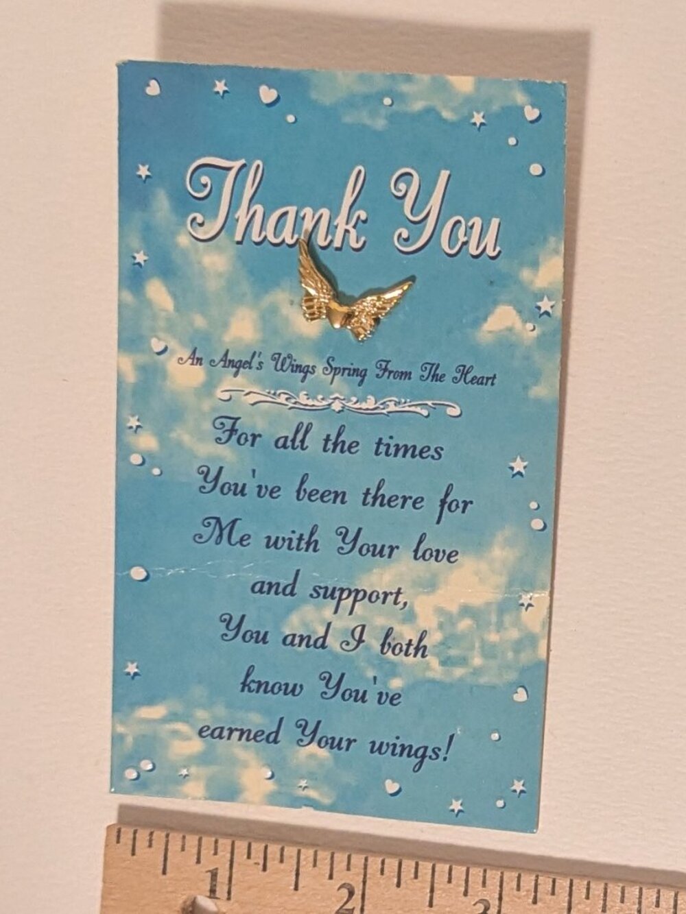 1994 Goldtone Angel Wings Pin on Card Stock Backing with Thank You Message